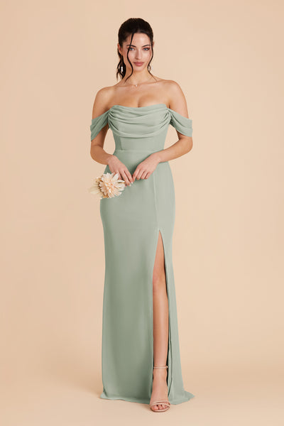 Chiffon Bridesmaids Dress with Off-the-Shoulder V-Neck